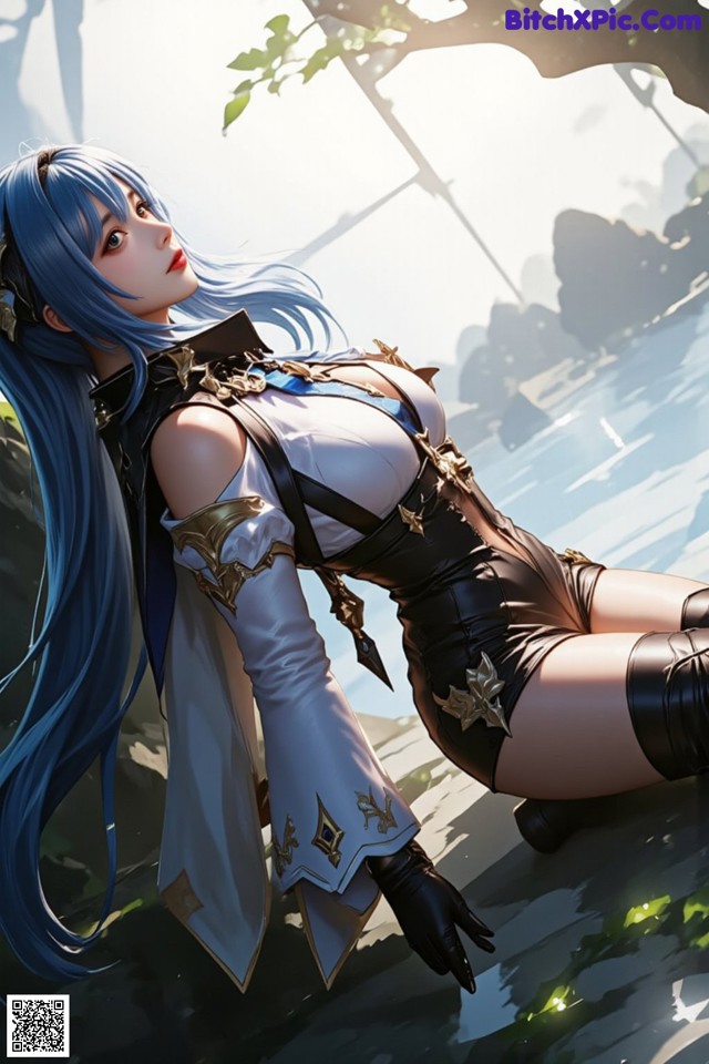 A woman with long blue hair sitting on the ground.