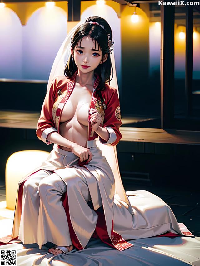 A woman in a red and white kimono sitting on a bed.