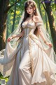 A woman in a wedding dress standing in the woods.